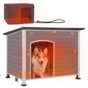 Aivituvin Heated Dog House with Heater and Insulated Liner, Large Outdoor Insulated Dog House with Metal Frame for Medium to Large Dogs for Winter, 43.3″ L Gray