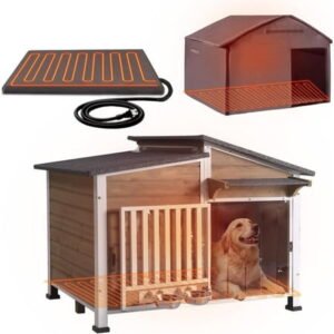 Aivituvin Heated Dog House Outdoor with Heating Pad and Insulated Liner, Wooden Dog Kennel with Anti-Chewing Metal Frame, Weatherproof Dog Shelter with Bowls for Outdoor or Indoor Use (Light Brown)