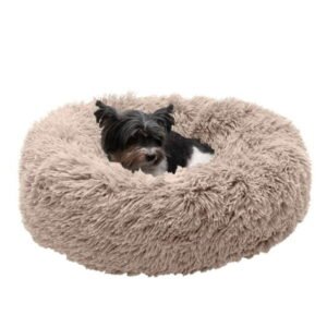 Furhaven 23″ Round Calming Donut Dog Bed with Washable & Removable Cover & Bolster – Shaggy Plush Long Faux Fur Ball Bed – Taupe, For Dogs Up to 20 lbs, Small
