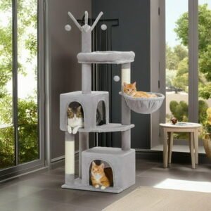 Pefilos 53″ Cat Tree Tower for Indoor Cats with Hammock, Cat Climbing Tree with Scratching Posts, Condo House and Top Perch, Gray