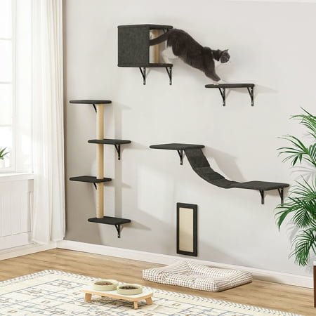 Pefilos Cat Wall Shelves and Perches Set of 5, Indoor Cat Condo for Sleeping Playing Lounging Climbing Cat Tree House, Gray