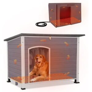 MEDEHOO Extra Large Heated Dog House Outdoor XL Insulated Dog House Weatherproof Dog Kennel with Safe Heating Pad, Thermal Liner, Chew-Proof Metal Frame for Large Dogs, 43.3″ L×29.4″ D×33.4″ H