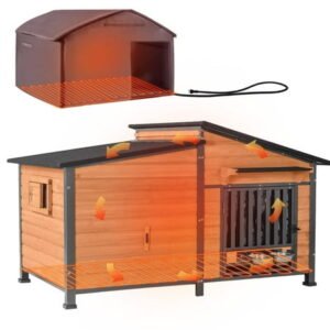 Aivituvin Extra Large 60″ Insulated Heated Dog House with Heating Pad & Insulated Liner, Outdoor Dog House with Chew-Proof Metal Frame for Large Dog Breeds, Brown