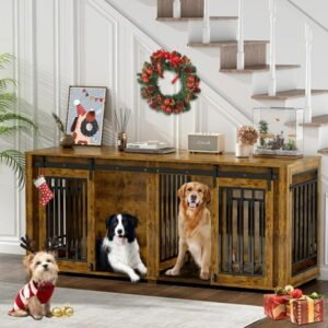 Large Dog Crate Furniture for 2 Dogs, Weatherproof 2-Door 71″ Wooden Indoor Furniture Style Crate for Dogs