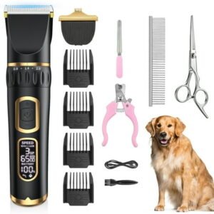 Cshidworld Dog Clippers, Professional Dog Grooming Kit, 3-Speed Low Noise Rechargeable Cordless Pet Hair Clipper Trimmer Shaver Shears for Cats Pets Animals Thick Coats with LCD Display, 6 Comb Guides