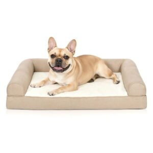 FurHaven Plush & Performance Linen Orthopedic Sofa Pet Bed for Dogs & Cats – Flax, Medium