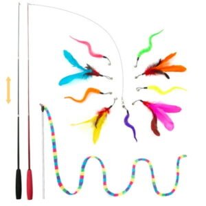 FYNIGO Interactive Cat Feather Toys for Indoor Cats Kittens,2 Retractable Cat Teaser Wand and 1 Rainbow Wand with 9 Refills and 2 Spare Hook(14 Pack)