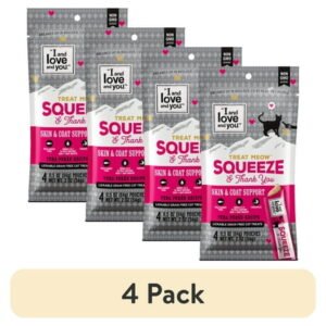 (4 pack) “I and love and you” Treat Meow Squeeze & Thank You, Skin & Coat Support, Cat Treat, 4 Ct.