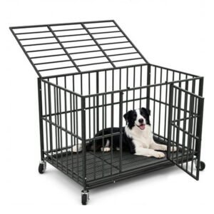 YOKWOK 48″ Heavy Duty Metal Dog Crate for Large Dogs, Chew Proof & Escape Proof for High Anxiety Dogs, Indoor Double Doors and Lockable Wheels, Removable Tray, Black