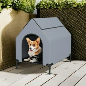 Demi Bonn 36″ Dog House for Small Dogs Indoor or Outside, Weatherproof 600D PVC Dog Kennel Outdoor with Ventilated Windows, Elevated Dog Cooling Bed, Gray