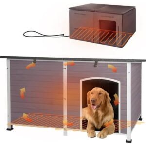 Aivituvin 59″ Extra Large Heated Dog House with Heater & Insulated Liner for Winter, Wooden Insulated Outdoor Dog House for Large Dogs, All-Around Iron Frame Weatherproof (Gray)