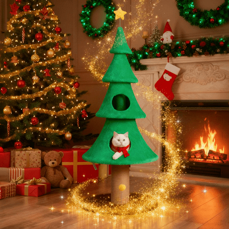 Ktaxon 59in Large Christmas Tree Cat Tower with 2 Condos, Scratching Post, Soft Fleece, Teaser Toy & Sturdy Base, Green