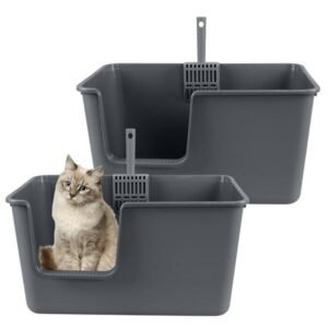 Guankan 2 Pack Large Cat Litter Boxes with Free Scoops, Plastic High Side Pet Litter Pans, Gray