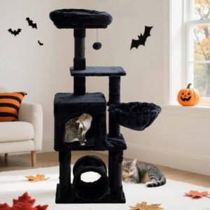 49in Cat Tower for Indoor Cats with Scratching Post,Tunnel,Condo,Basket,Gothic Kitten Tree for Corner,Climbing,Exercise,Hidden,Black