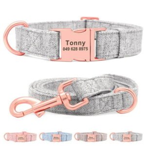 Didog Tweed Personalized Dog Collar & Leash set with Custom Name Engraved Adjustable