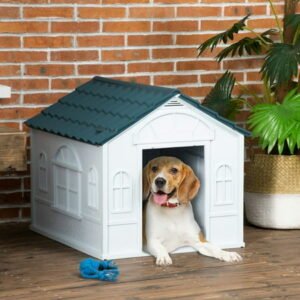 Resenkos Plastic Dog House, Water Resistant Puppy Shelter Indoor Outdoor with Door, Easy to Assemble, for Medium and Small Dogs, Blue