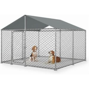 YOKWOK 7.5×7.5ft Outdoor Dog Kennel Outside with Metal Large Dog Gate, Outdoor Dog Pens with Roof, Heavy Duty Dog Kennel for Backyard Farm Use