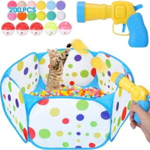 Cat Ball Pit With Balls Included, Cat Interactive Toy For Indoor Bored Cats With Cat Ball Launcher, Jingle Balls And Pom Pom Balls, Cat Enrichment Toys, Kitten Toys For Self Playing Blue