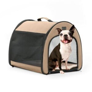 Petsfit Dog Travel Crate,Arch-Designed Collapsible Dog Crate with a Soft Cushion, Three-Sided Ventilation,Khaki,Medium