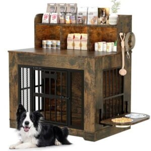 Behost 34″ Dog Crate Kennel Cage Furniture for Medium Dogs with LED Light Feeding Bowls, Dual-Layer Storage, Rustic Brown