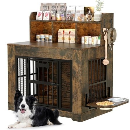 Behost 34″ Dog Crate Kennel Cage Furniture for Medium Dogs with LED Light Feeding Bowls, Dual-Layer Storage, Rustic Brown