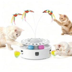 3 in 1 Automatic Interactive Cat Toys,Kitten Toy With Fluttering Butterfly, Moving Feather, Track Balls, Dual Power Supplies, USB Powered (White)