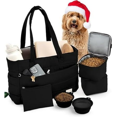 Puffer Dog Travel Bag for Dog Moms, Everyday Puffy Tote or Dog Diaper Bag with Bowls and Food Storage in Black