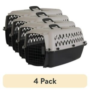(4 pack) Vibrant Life Pet Portable Kennel for Dogs, Hard-Sided Travel Carrier, Durable, Metal Door, Black & Grey, For Pets up to 15 lbs, 23″ L x 15.2″ W x 11.8″ H
