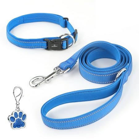 MASBRILL Dog Collar And Leash Set,Reflective Dog Collar With Dog Tag ,Soft Neoprene Padded Breathable ,Odour Resistant And Fast Drying Dog Leash+Dog Collar,Blue-S