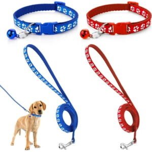 GlobaShun 2Pcs Dog Collar with Safety Locking Buckle, Small Medium Dog Puppy Nylon Adjustable Durable Pet Collars with Bell and 120cm Leash