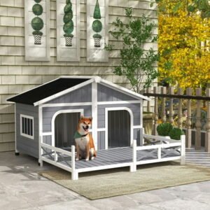 Barara King Dog House Outdoor Double Large Wooden Dog Kennel Weatherproof with Porch, Openable Roof, Removable Bottom, for Small to Medium Dogs, Gray