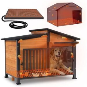 MEDEHOO Large Heated Dog House Outdoor Insulated Dog Kennel Weatherproof with Safe Heating Pad, Chew-Proof Metal Frame, Rotatable Spill-Proof Bowl for Large Dog Breeds, 39.7″ L x 25.5″ W x32.2 H