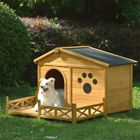 48Inch Wooden Dog House Outdoor with Porch, Dog Kennel with Water-Resistant Asphalt Roof and Fencing,Indoor & Outdoor Dog Crate with Paw Print, Medium, Nature
