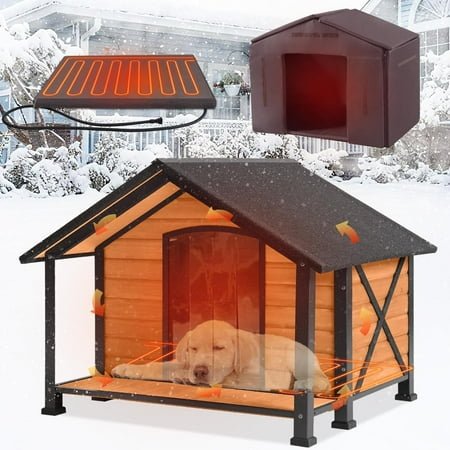 Heated Outdoor Dog House Insulated Weatherproof Wooden Dog Kennel for Winter, Anti-Bite Dog Shelter with Heating Pad and Insulated Liner, Porch, Openable Roof and Removable Floor, Easy Cleaning