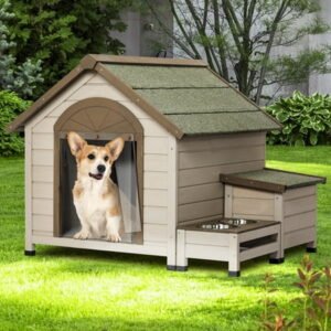 Euroco Outdoor Wood Dog House Waterproof Pet Log Cabin for Small Medium Dog with Feeding Station, Storage Box