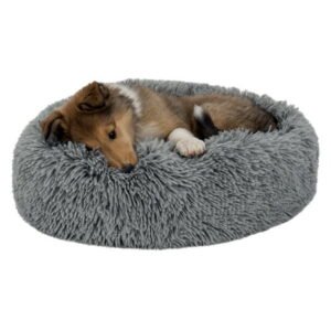 Furhaven 20″ Round Calming Donut Dog Bed with Washable & Removable Cover & Bolster – Shaggy Plush Long Faux Fur Ball Bed – Mist Gray, For Dogs Up to 15 lbs, Extra Small