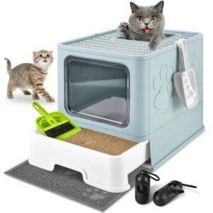 Upgraded Extra Large Cat Litter Box With Scoop, Plastic Standard Enclosed Litter Box, Upgraded Adjustable Door Cat Litter Box With Enlarged Drawer，Light Blue