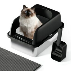Fylica Stainless Metal Cat Litter Box, Open Top High Sided Litter Box for Multiple Cats, Anti-Leakage, Easy Cleaning, a Scoop, Scoop Holder, Cat Litter Mat Included, Black