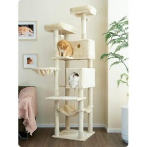 Ouritsu Cat Tree, 73.6 inch Tall Cat Climbing Tower for Large Cat Indoor with 2 Large Condos, 2 Widened Perches, Sisal Covered Scratching Posts, 2 Hammocks, Beige, XLF001WH