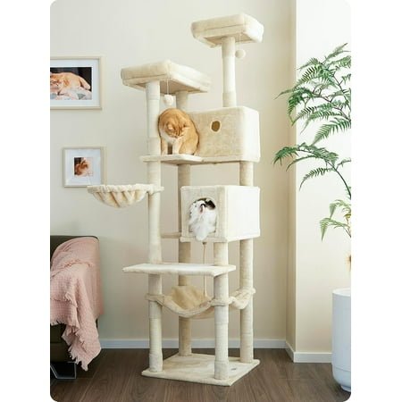 Ouritsu Cat Tree, 73.6 inch Tall Cat Climbing Tower for Large Cat Indoor with 2 Large Condos, 2 Widened Perches, Sisal Covered Scratching Posts, 2 Hammocks, Beige, XLF001WH