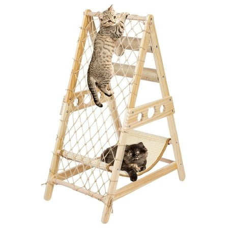 Qunbio Cat Hammock, Solid Wood Cat Climbing Tree Cat Tower with Scratching Post & Climbing Web & Sisal Ball