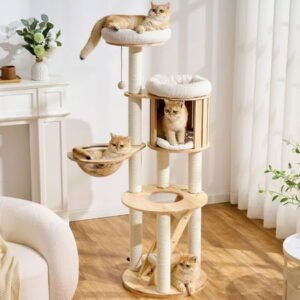 797Audio Solid Wood Cat Tree, 61″ Large Modern Tall Cat Tower with Sisal Scratching Posts, Cat Condo, Capsule and Ladder, Aesthetic Multi-Level Cat Climbing Tree for Large Adult Indoor Adult Cats