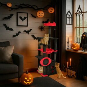 UBesGoo 5-Layer Halloween Cat Tree, Glow Eye Scratching Post with Plush Cave Bed, Black & Red Design