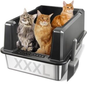 Nyutu Extra Large Stainless Steel Cat Litter Box with Lid，XXXL Stainless Steel Non Stick Litter Box with Mat and Scoop
