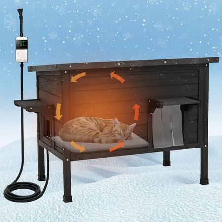 Ciokea Outdoor Heated Cat House, Weatherproof Feral Cat Shelter Insulated Foam Wooden Cat Enclosure for Winter PVC 2 Doors Flaps With Heating Pat, Black
