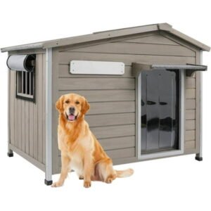PETSCOSSET 40″L Outdoor Dog House, Wooden Dog Kennel with Asphalt Roof for Medium Dog, Gray