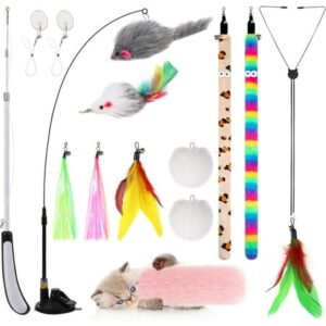 4-in-1 Interactive Cat Feather Toys with Durable Retractable Fishing Pole, 11 Attachments Replacements and Interactive Cat Toys for Indoor Cats