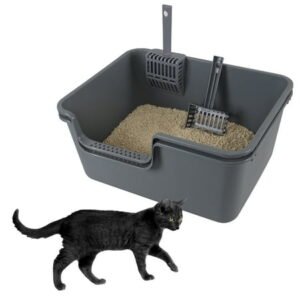Aninhao 2 Pack High Side Litter Boxes with Scoops, Plastic Cat Litter Basin, Grey