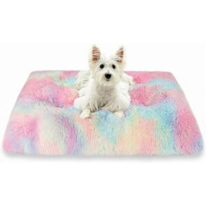 Exclusivo Mezcla Soft Plush Dog Bed Crate Mat for Small Dogs (26*20*4 in), Faux Fur Fluffy Dog Pet Cat Kennel Pad with Anti-Slip Bottom, Machine Washable, Rainbow