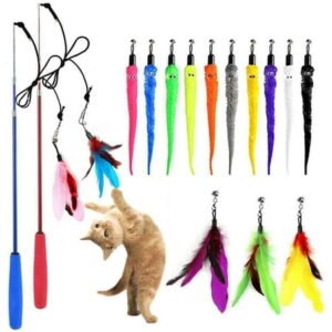 OODOSI Cat Wand, (17 Packs) Retractable Cat Feather Toys and Replacement Refills with Bells, Interactive Cat Toys for Cat Exercise